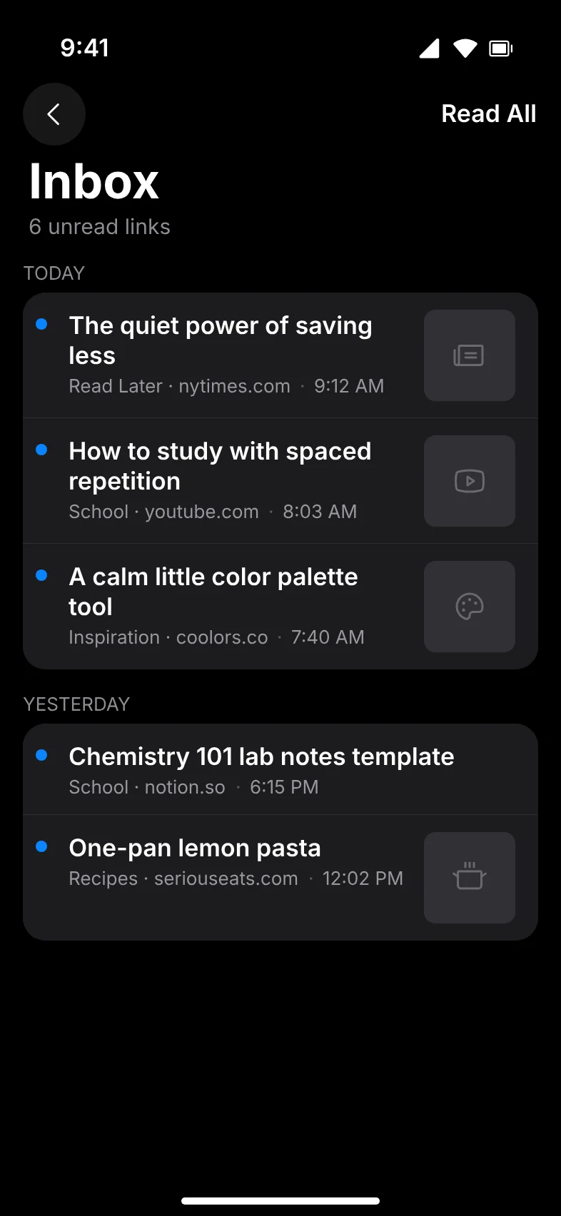 Unread bookmarks list view